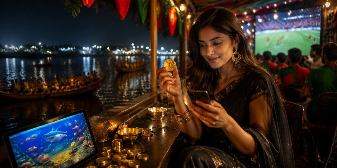 ময়মনসিংহে লাল-সবুজ পরিবেশে মোবাইল গেমিং ও স্পোর্টস বেটিং উপভোগ করছেন একজন ব্যবহারকারী